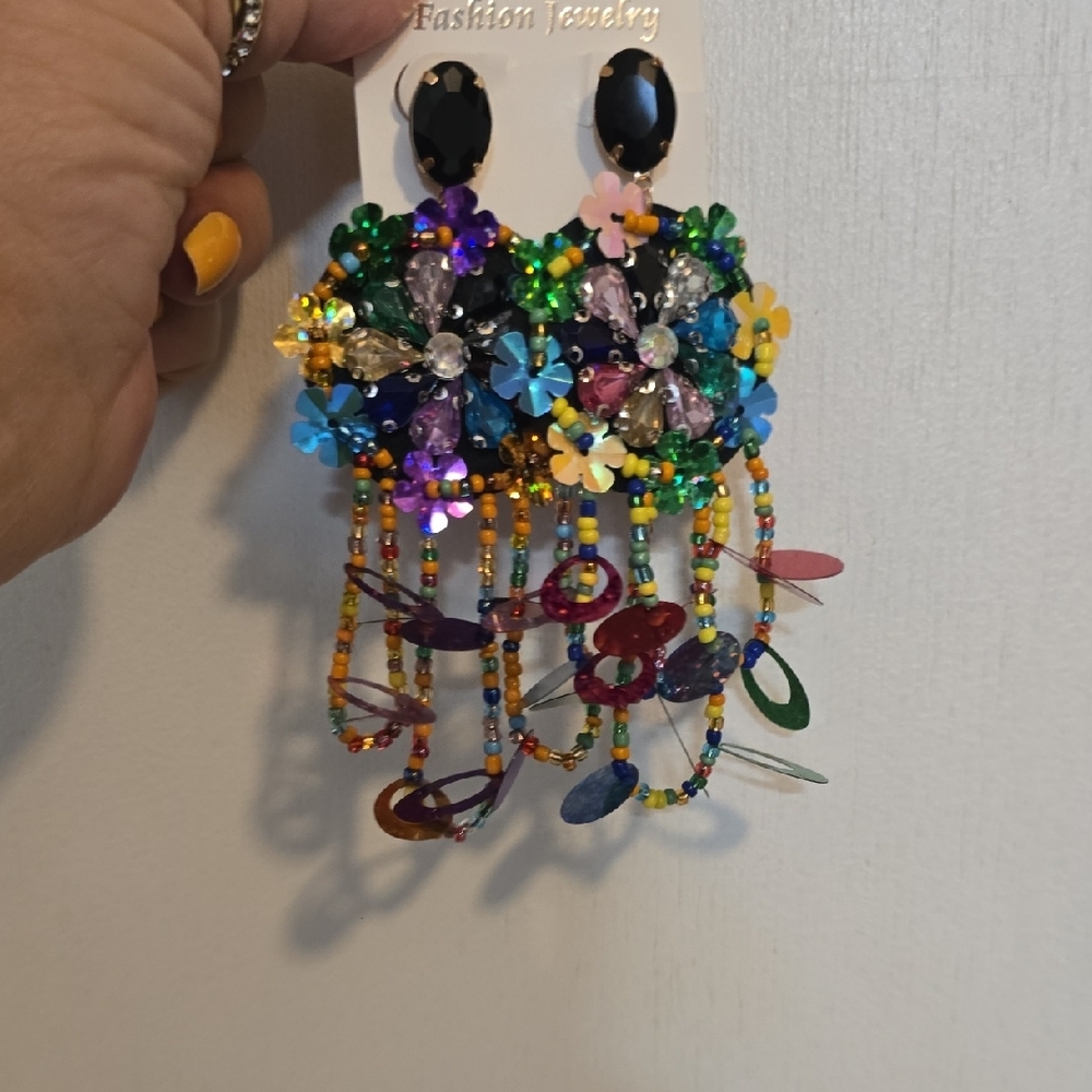 Multicolor Statement Earrings Marti Gra - Picture 3 of 5